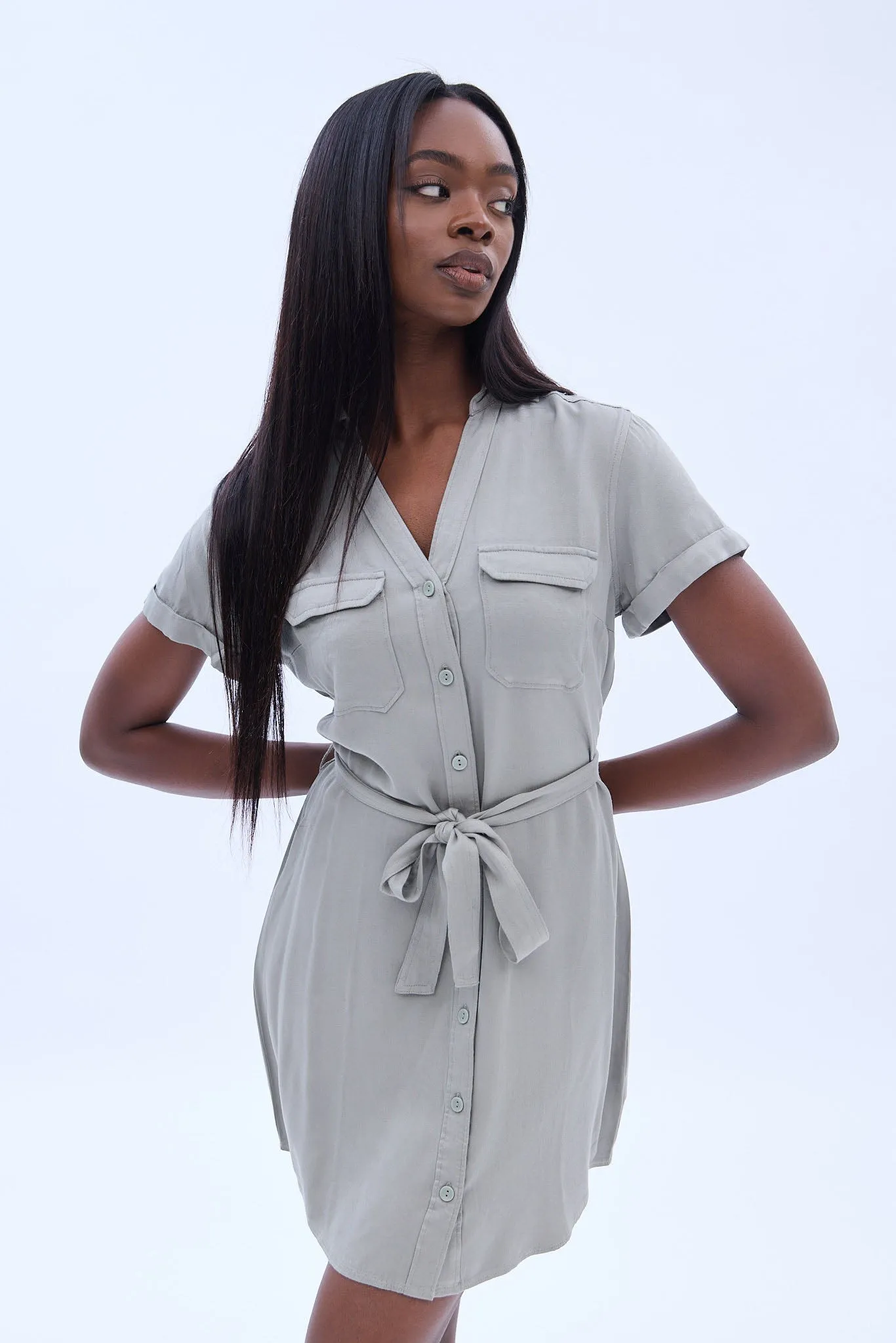 Short Sleeve Button-Up Cargo Pocket Dress With Belt sold by Bluenotes product image thumbnail 5