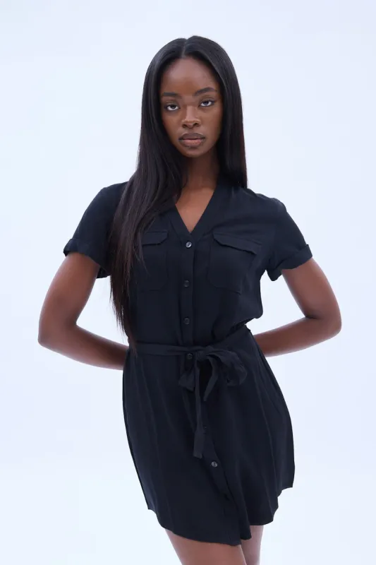 Short Sleeve Button-Up Cargo Pocket Dress With Belt sold by Bluenotes