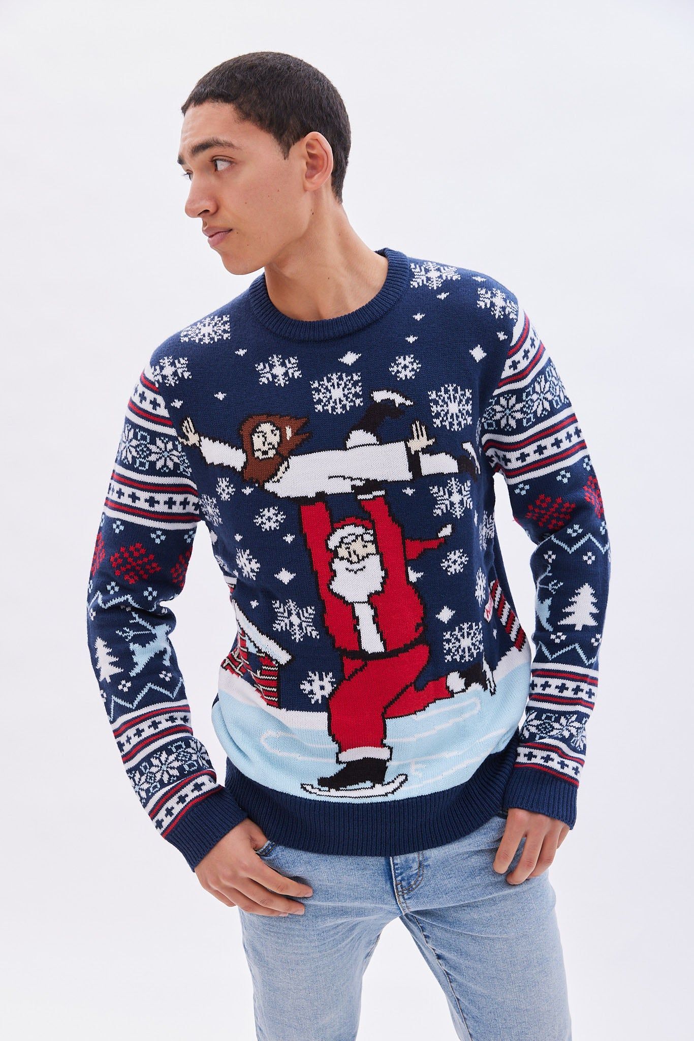 Santa and Jesus Skating Graphic Crew Neck Sweater sold by Bluenotes