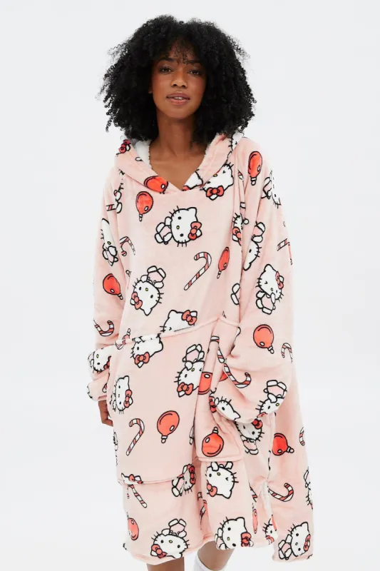 Hello Kitty Candy Cane Graphic Plush Sherpa Oversized Pullover Hoodie made by Bluenotes