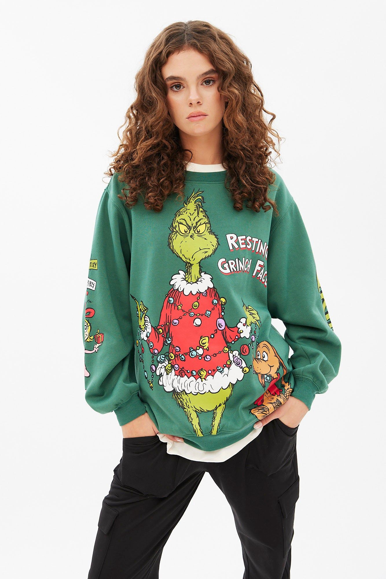 The Grinch Resting Grinch Face Graphic Oversized Pullover Sweatshirt sold by Bluenotes product image thumbnail 4
