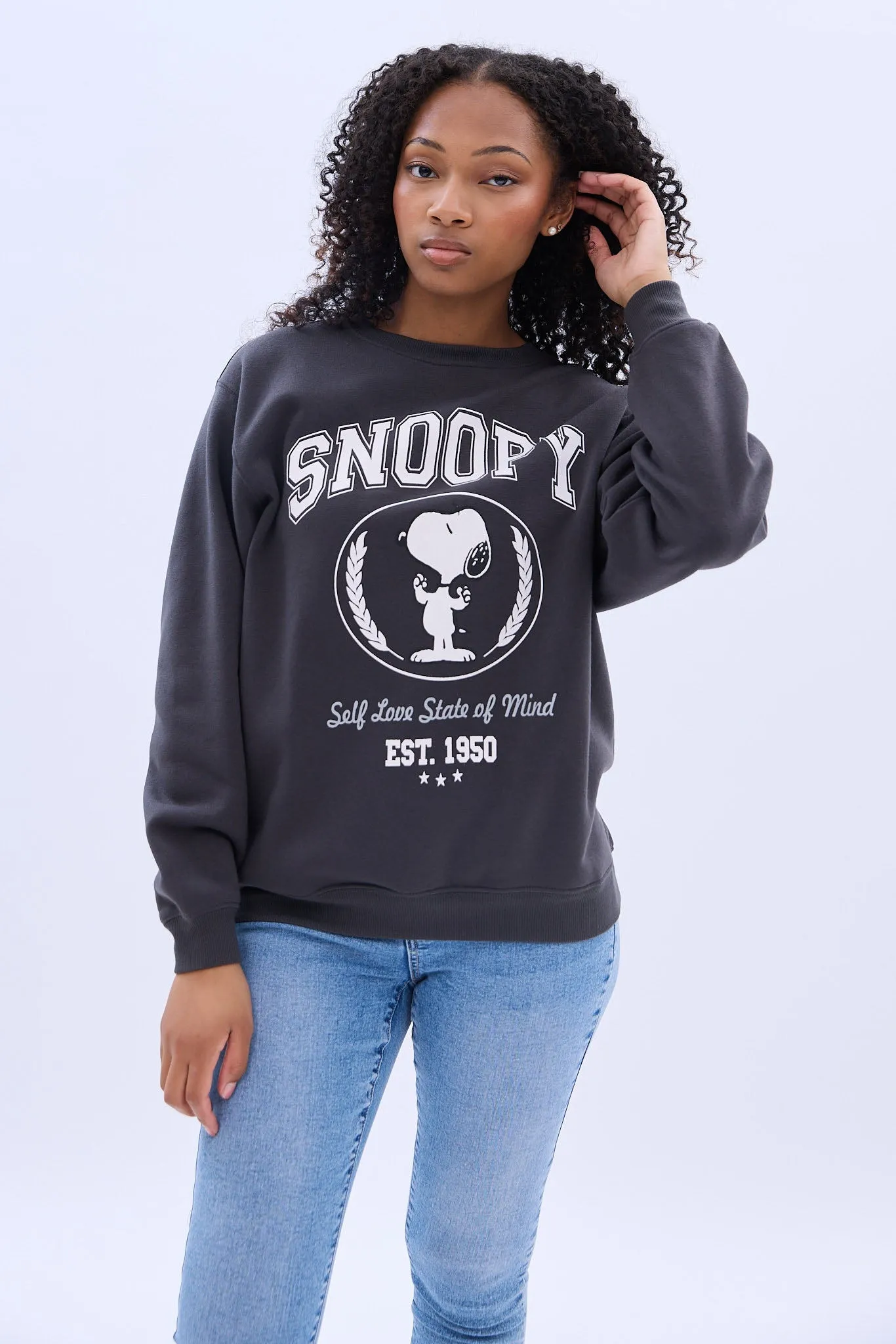 Peanuts Snoopy Self-Love Graphic Crew Neck Sweatshirt sold by Bluenotes