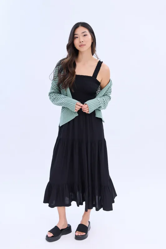 Ruffle Strap Smocked Tiered Maxi Dress sold by Bluenotes