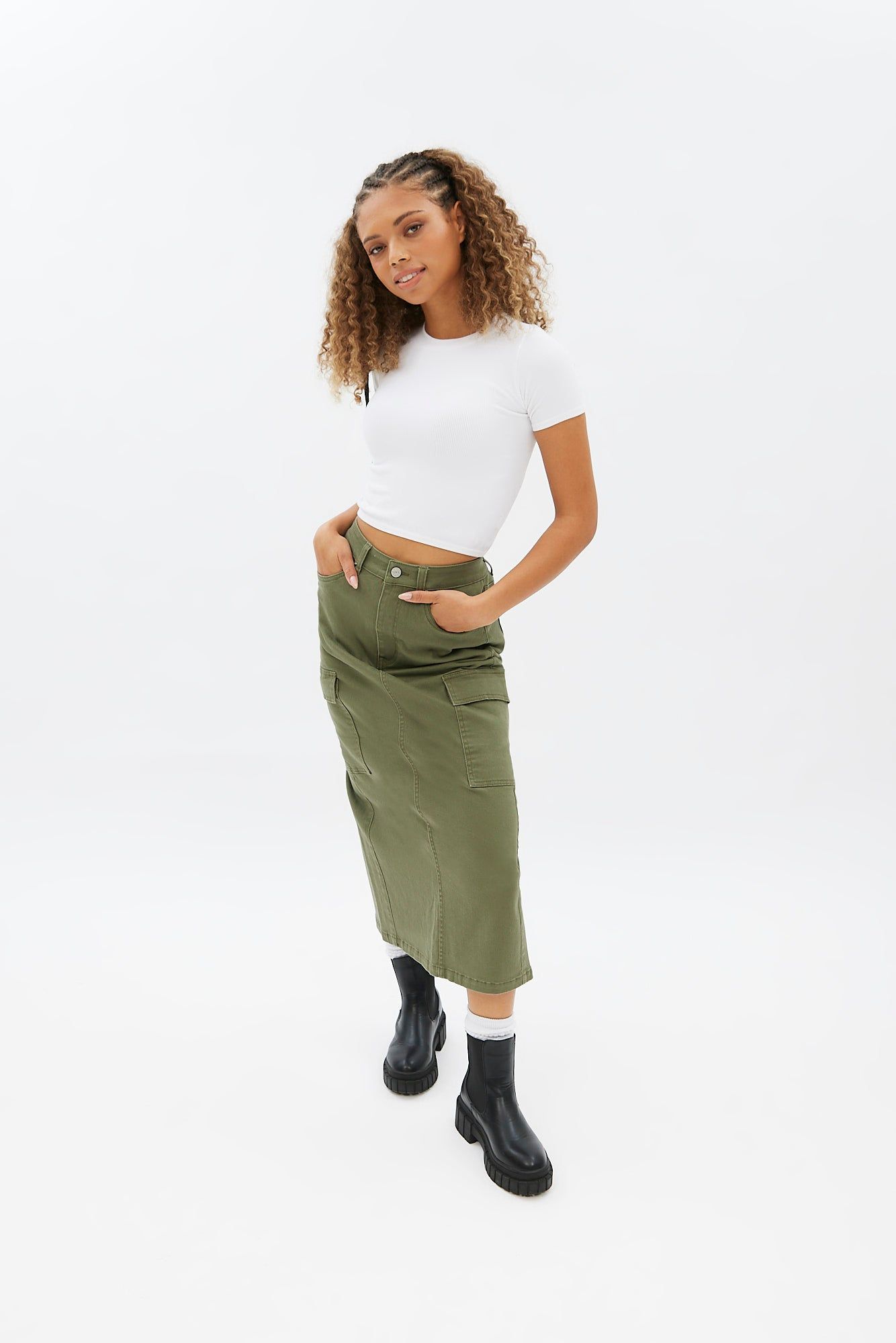 High Rise Twill Cargo Maxi Skirt sold by Bluenotes