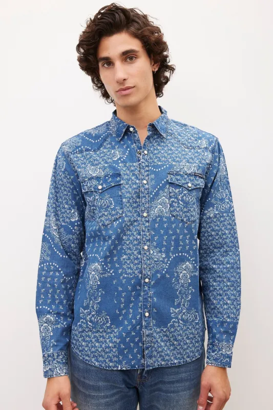 Indigo Bandana Print Button-Up Western Shirt sold by Bluenotes