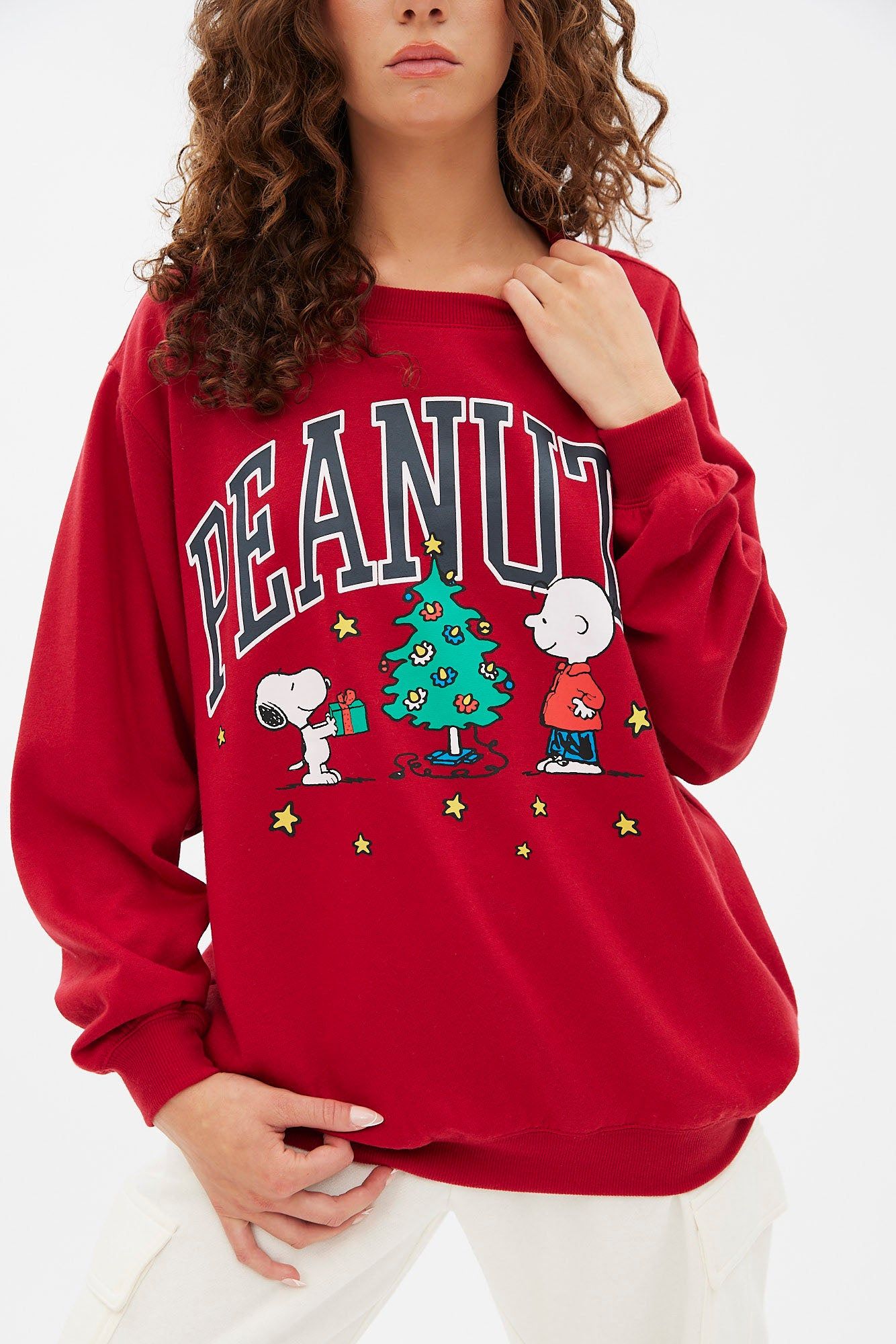 Peanuts Snoopy Charlie Christmas Tree Graphic Oversized Pullover Sweatshirt sold by Bluenotes product image thumbnail 3