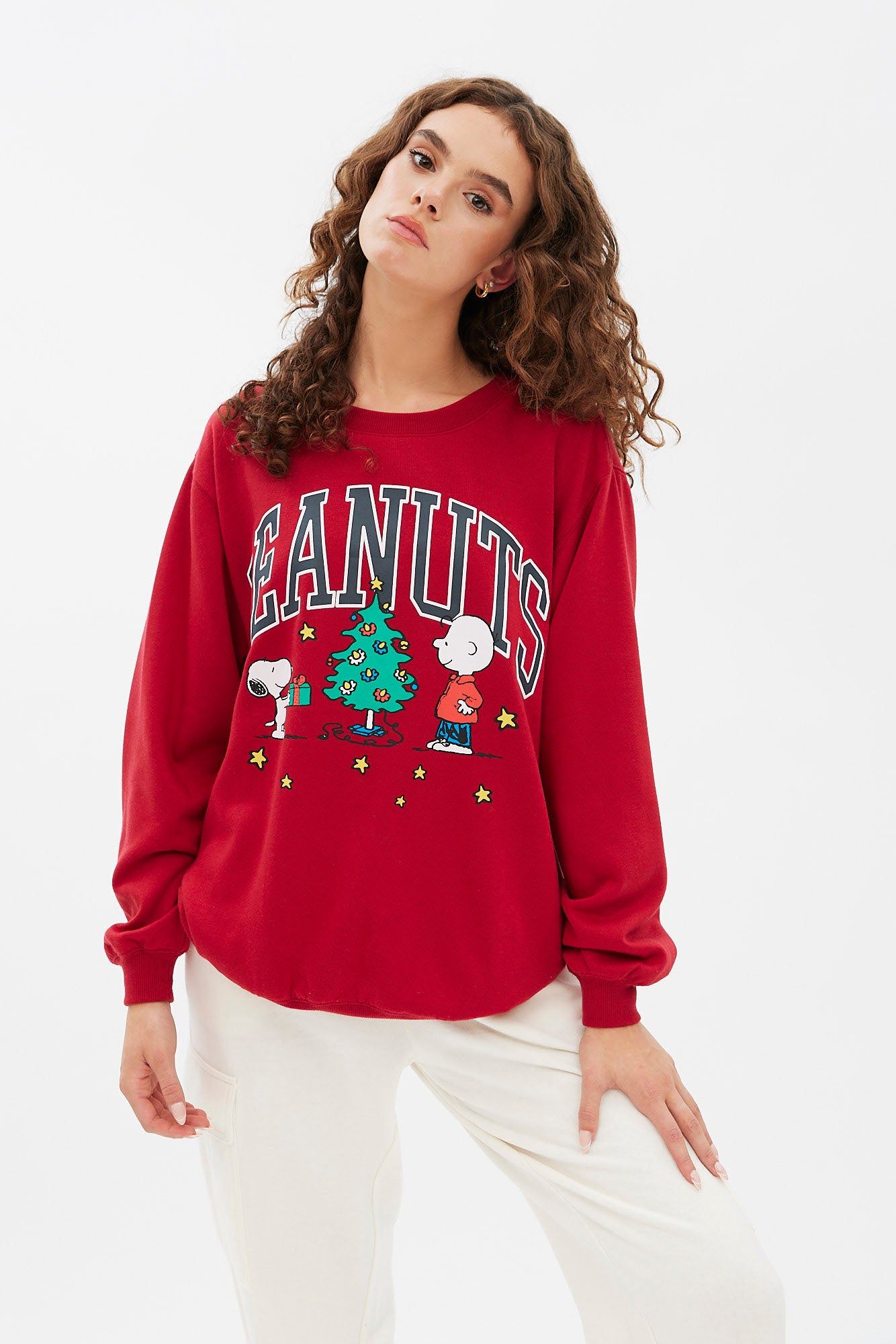 Peanuts Snoopy Charlie Christmas Tree Graphic Oversized Pullover Sweatshirt sold by Bluenotes
