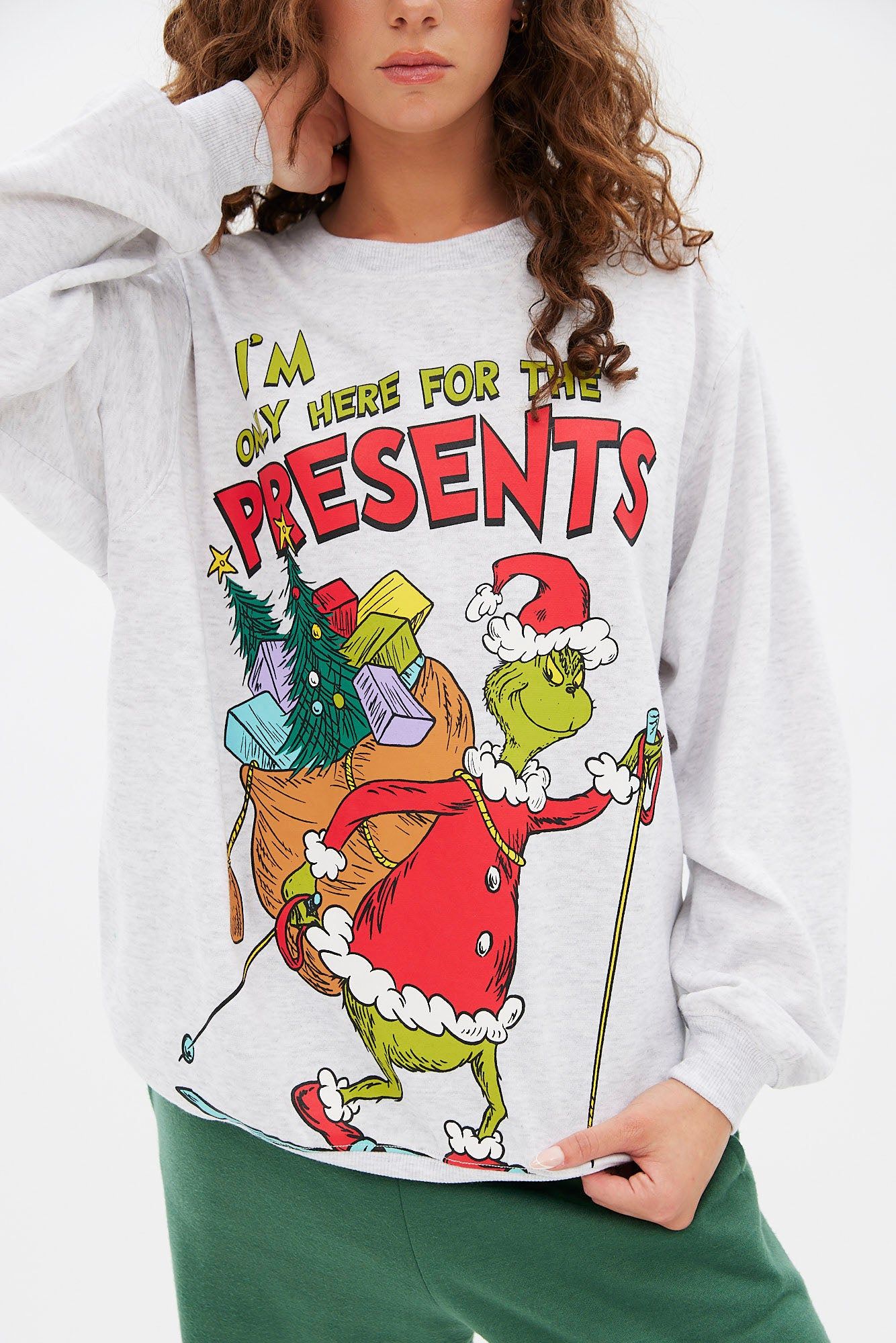 The Grinch Only Here For The Presents Graphic Oversized Pullover Sweatshirt sold by Bluenotes product image thumbnail 3