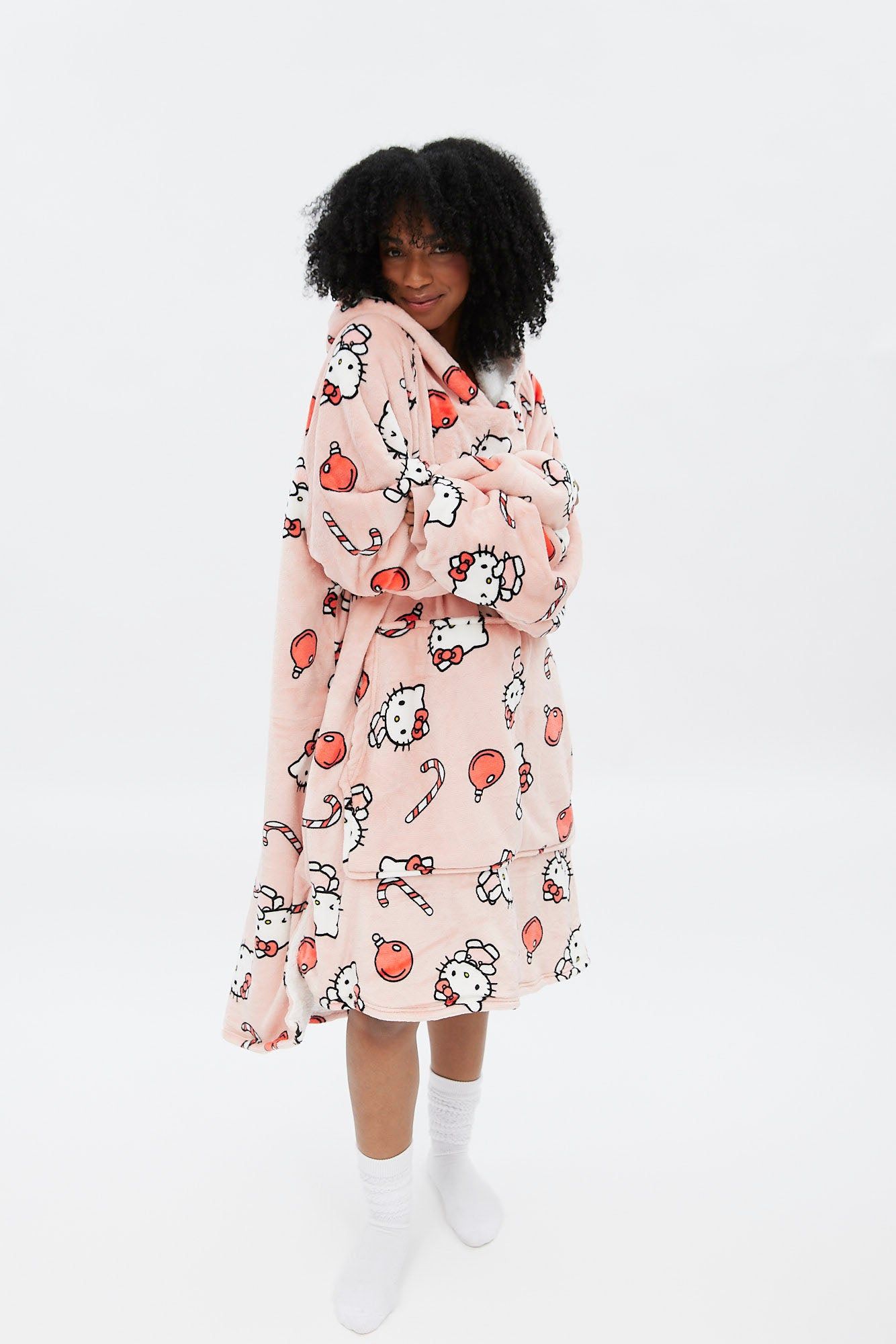 Hello Kitty Candy Cane Graphic Plush Sherpa Oversized Pullover Hoodie sold by Bluenotes product image thumbnail 2