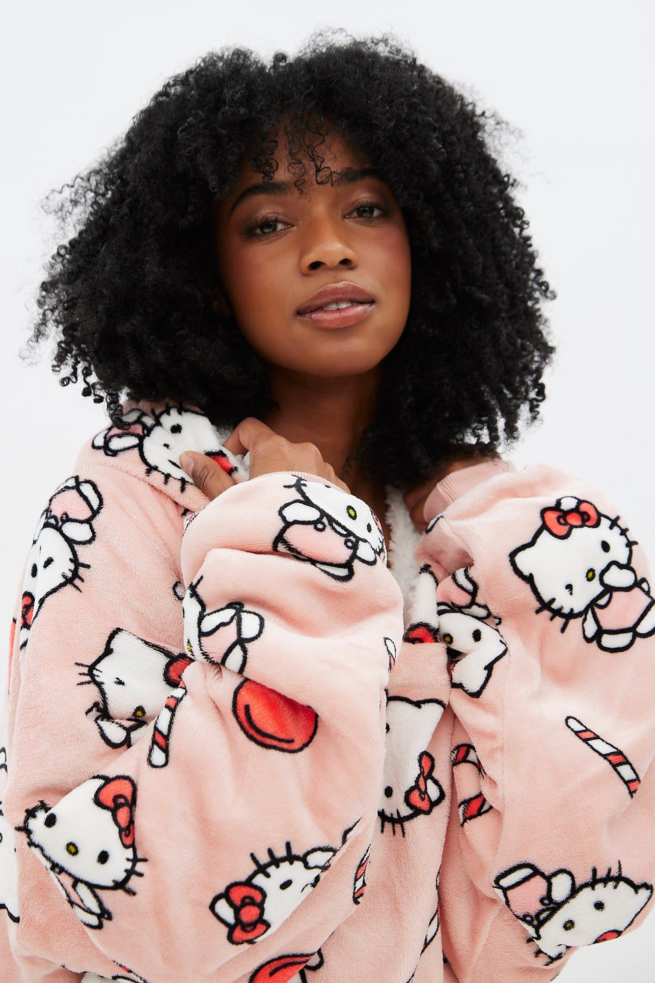 Hello Kitty Candy Cane Graphic Plush Sherpa Oversized Pullover Hoodie sold by Bluenotes product image thumbnail 3