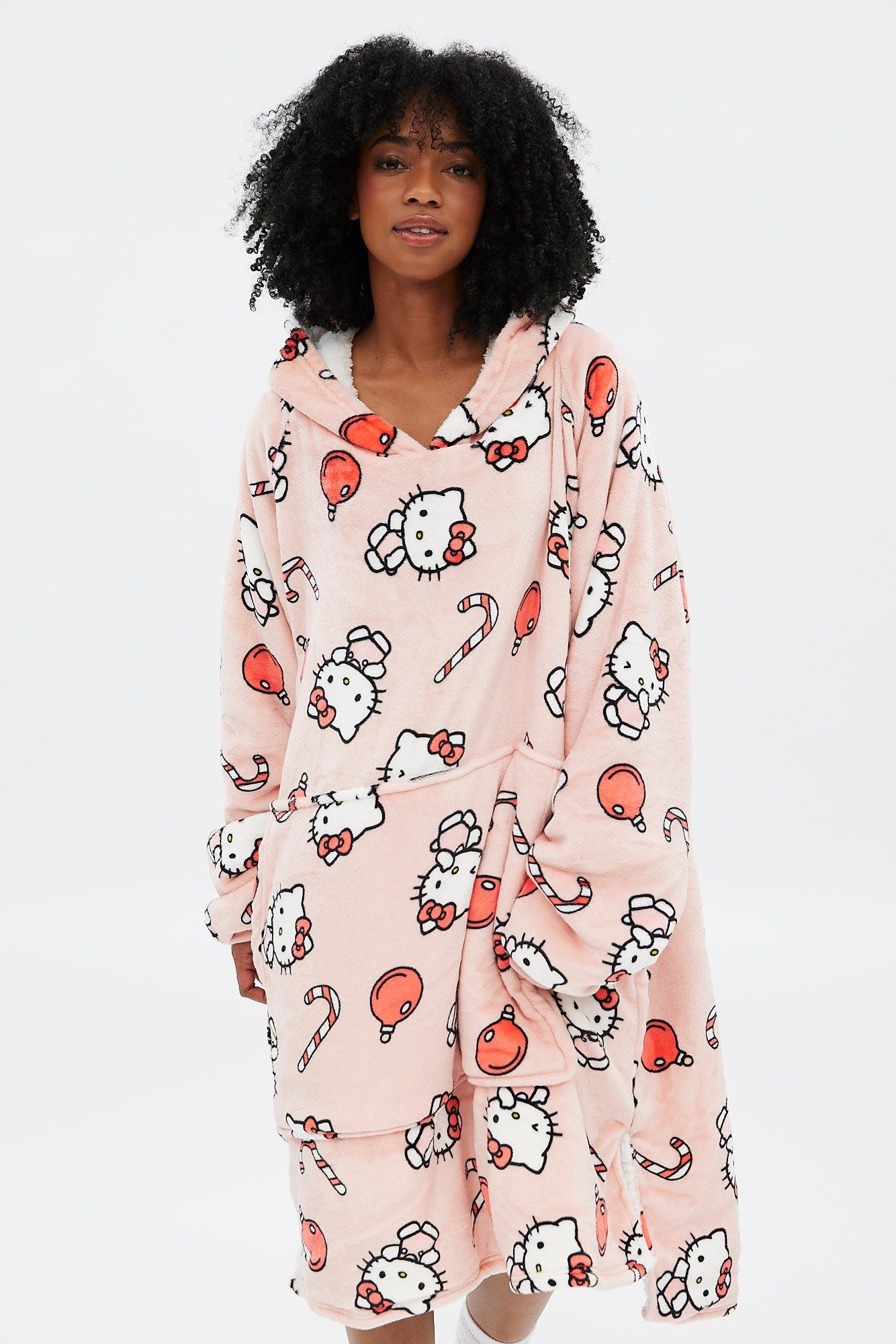 Hello Kitty Candy Cane Graphic Plush Sherpa Oversized Pullover Hoodie sold by Bluenotes