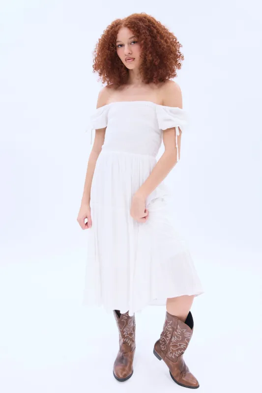 Short Sleeve Smocked Tiered Midi Dress sold by Bluenotes