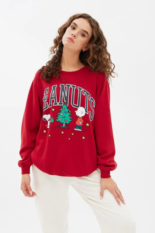 Peanuts Snoopy Charlie Christmas Tree Graphic Oversized Pullover Sweatshirt sold by Bluenotes
