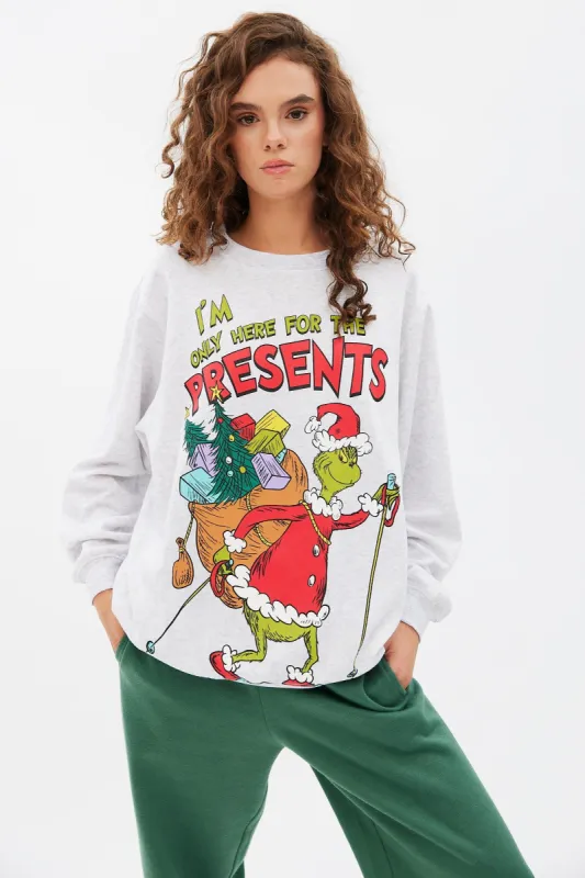 The Grinch Only Here For The Presents Graphic Oversized Pullover Sweatshirt sold by Bluenotes