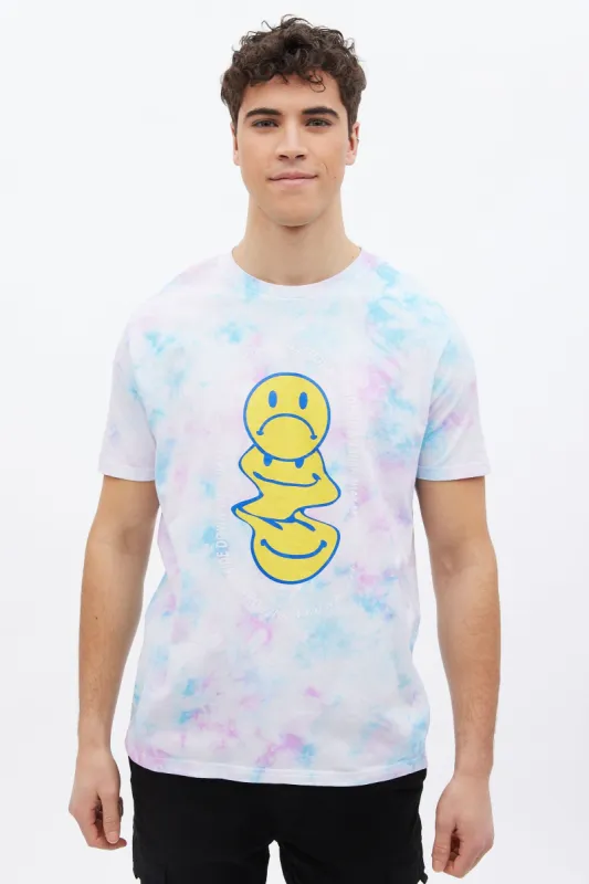 Tie Dye Turn That Frown Smiley Graphic Tee sold by Bluenotes