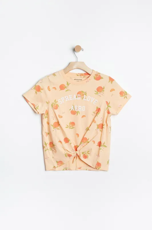 AERO Girls Peach Spread Love Graphic Tie-Front Tee sold by Bluenotes