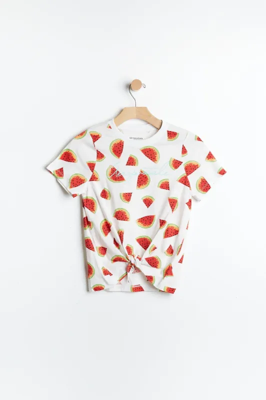 AERO Girls Super Soft Watermelon Graphic Tie-Front Tee sold by Bluenotes