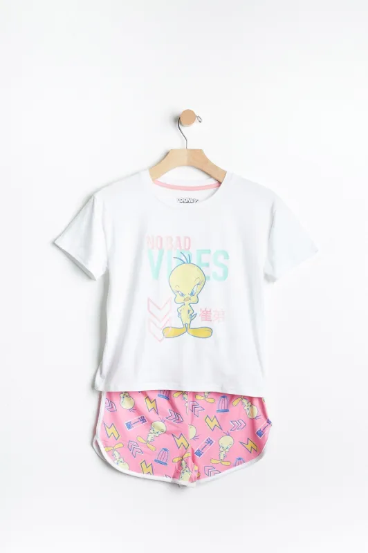 AERO Girls No Bad Vibes Tweety Graphic 2 Piece Pajama Set sold by Bluenotes