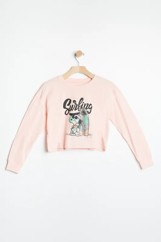AERO Girls Super Soft Snoopy Surfing Graphic Crop Long Sleeve Tee sold by Bluenotes