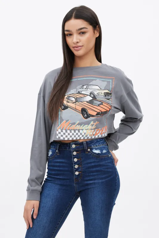 Midnight Rider Graphic Boxy Crop Long Sleeve Tee sold by Bluenotes