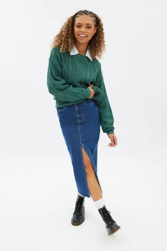 High Rise Denim Maxi Skirt sold by Bluenotes