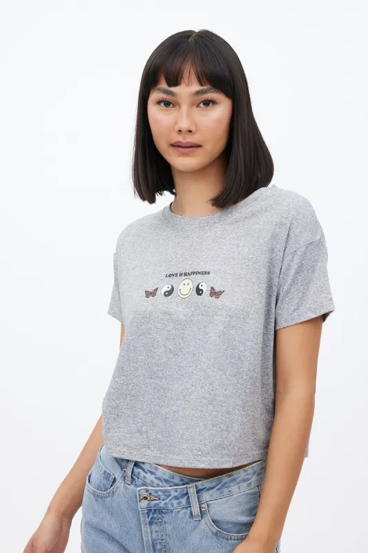 Super Soft Love And Happiness Graphic Boxy Cropped Tee sold by Bluenotes