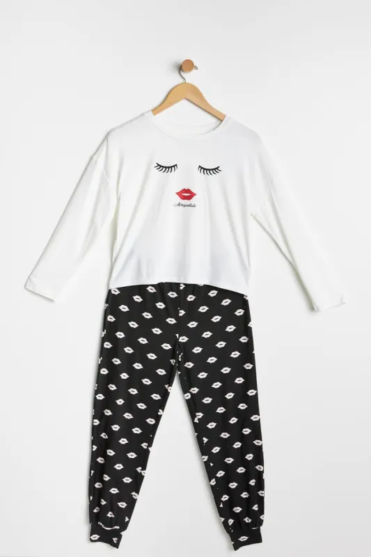 AERO Girls Super Soft  Aéropostale Lips and Lashes Graphic 2 Piece Pajama Set sold by Bluenotes