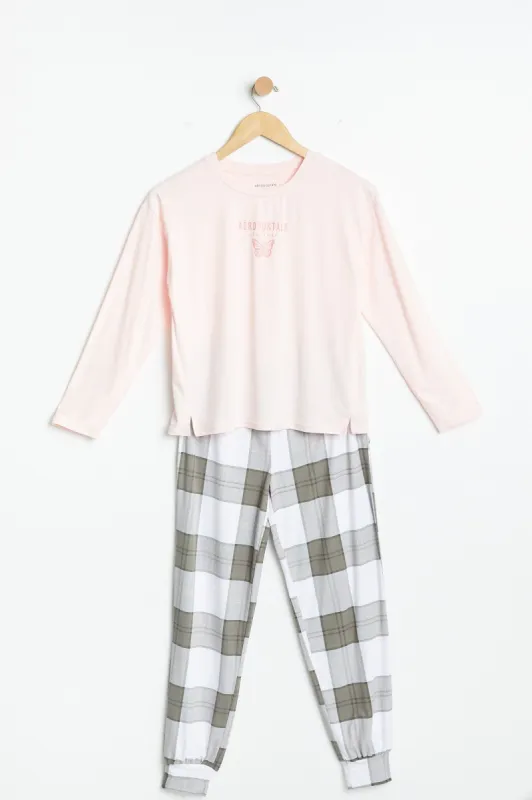AERO Girls Super Soft Aéropostale Butterfly and Plaid Graphic 2 Piece Pajama Set sold by Bluenotes