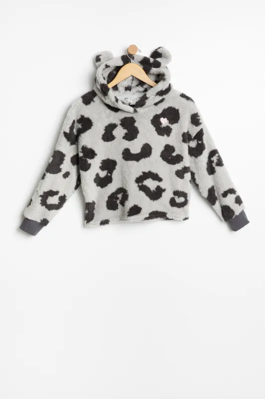 AERO Girls Leopard Print Sherpa Bear Ears Aéropostale Embroidered Pullover Pajama Hoodie sold by Bluenotes