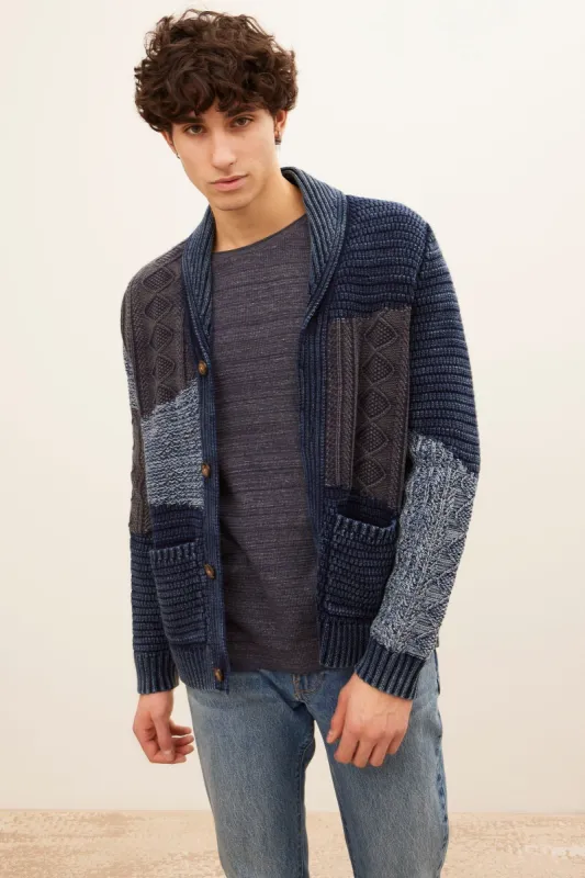 Mixed Cable Knit Patchwork Button-Up Cardigan sold by Bluenotes