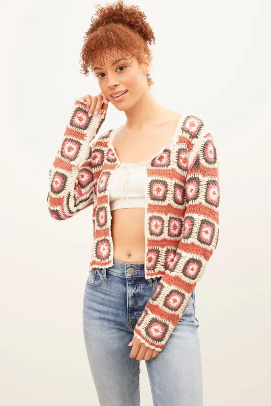 Open Front Geo Crochet Cardigan sold by Bluenotes