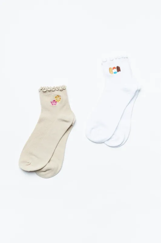 Embroidered Graphic Ruffle Crew Socks 2-Pack sold by Bluenotes