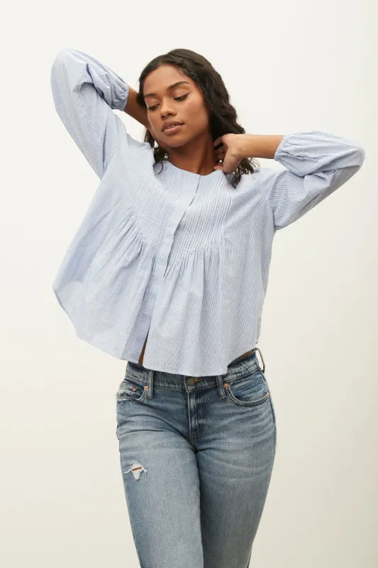 Striped Long Sleeve Button-Up Pintuck Top sold by Bluenotes