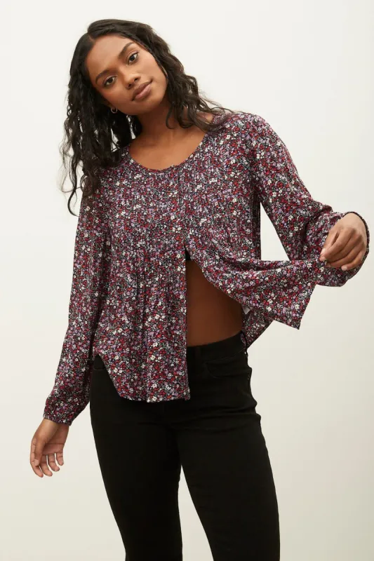 Printed Long Sleeve Button-Up Pintuck Top sold by Bluenotes