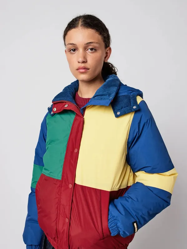 Color block padded puffer sold by Bobo Choses