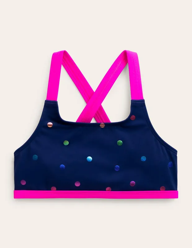 Bikinioberteil mit überkreuzter Rückseite-Marineblau Regenbogen Konfetti Punkte made by Boden