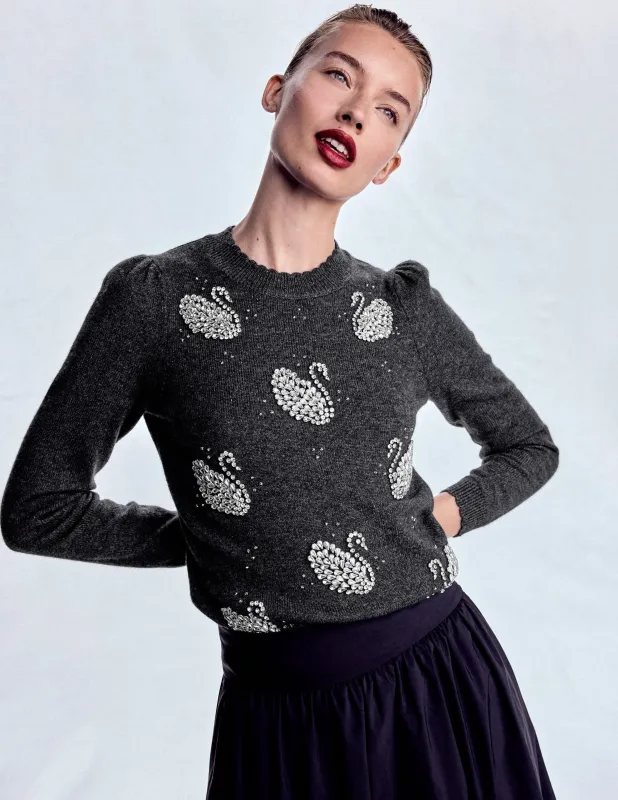 Elizabeth Verzierter Pullover-Anthrazit Meliert Schwäne made by Boden