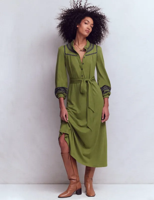 Midi-Hemdblusenkleid aus Jersey mit Rüschen-Olive made by Boden