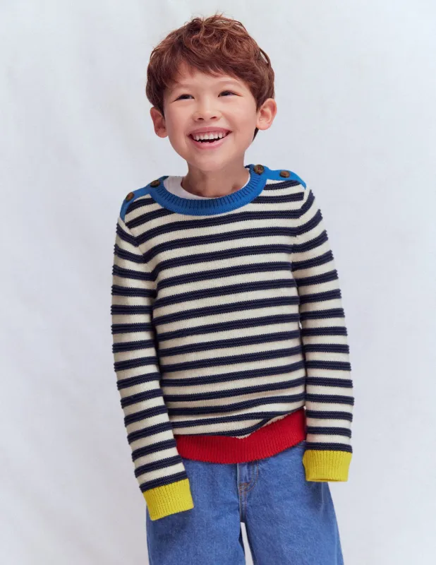 Grobstrickpullover-Marineblau Meliert und Beige Streifen made by Boden