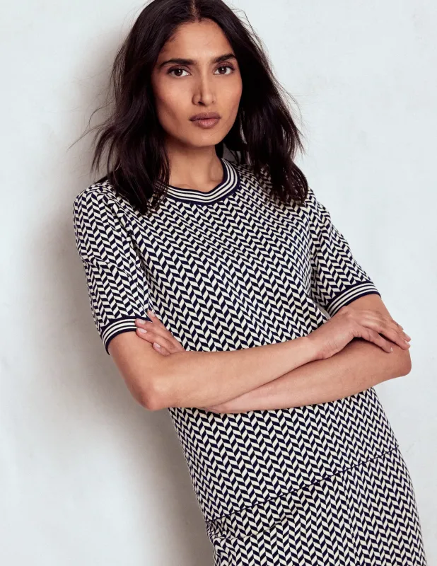 Strick-T-Shirt aus Jacquard-Marineblau/Naturweiß Modernes Hahnentrittmuster made by Boden
