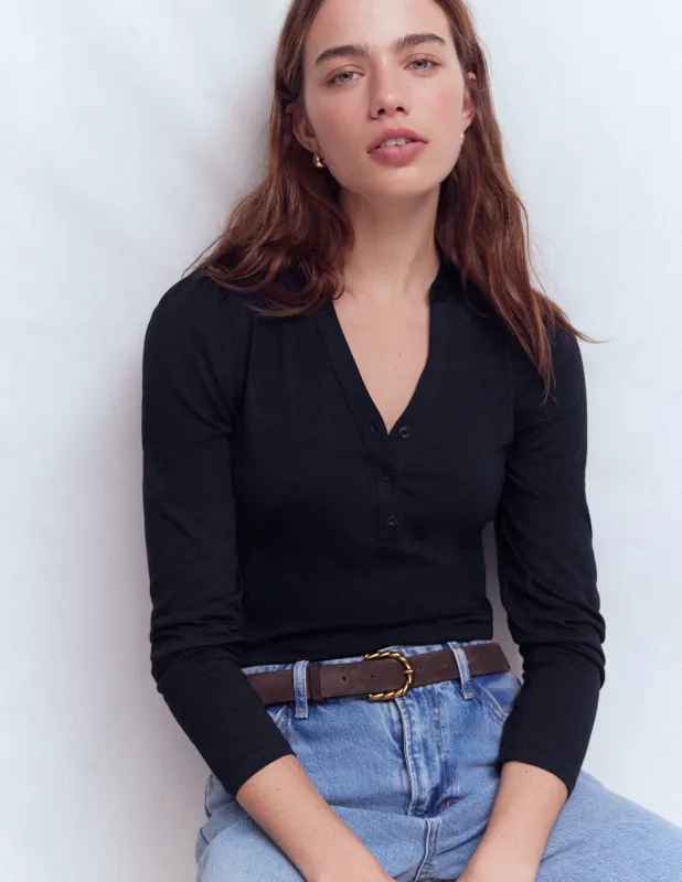 Superweiches Oberteil mit offenem Henley-Kragen-Marineblau made by Boden
