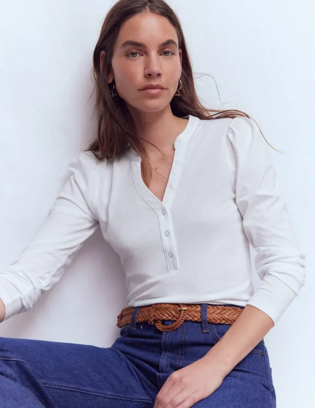 Superweiches Oberteil mit offenem Henley-Kragen-Weiß made by Boden