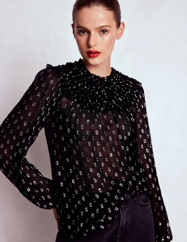 Oberteil in Metallic-Optik mit Rüschenkragen-Schwarz, Lurex-Clip-Muster made by Boden