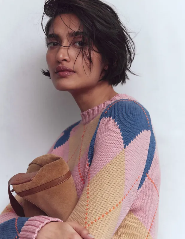 Camilla Argyle-Pullover aus Baumwolle-Rosa Argyle made by Boden