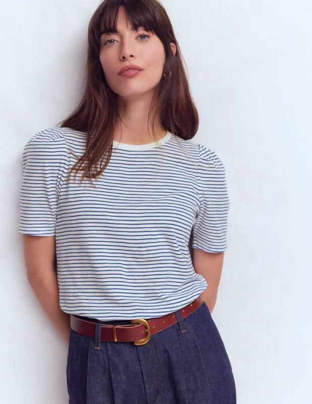 T-Shirt mit Faltendetail am Ärmel-Beaucoup Blue und Naturweiß Streifen made by Boden