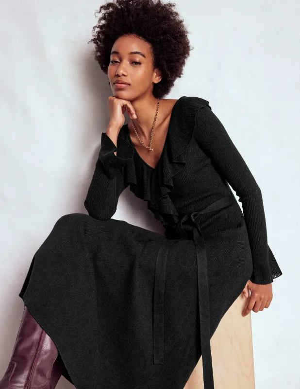 Rippstrick-Kleid mit Rüschen-Schwarz made by Boden