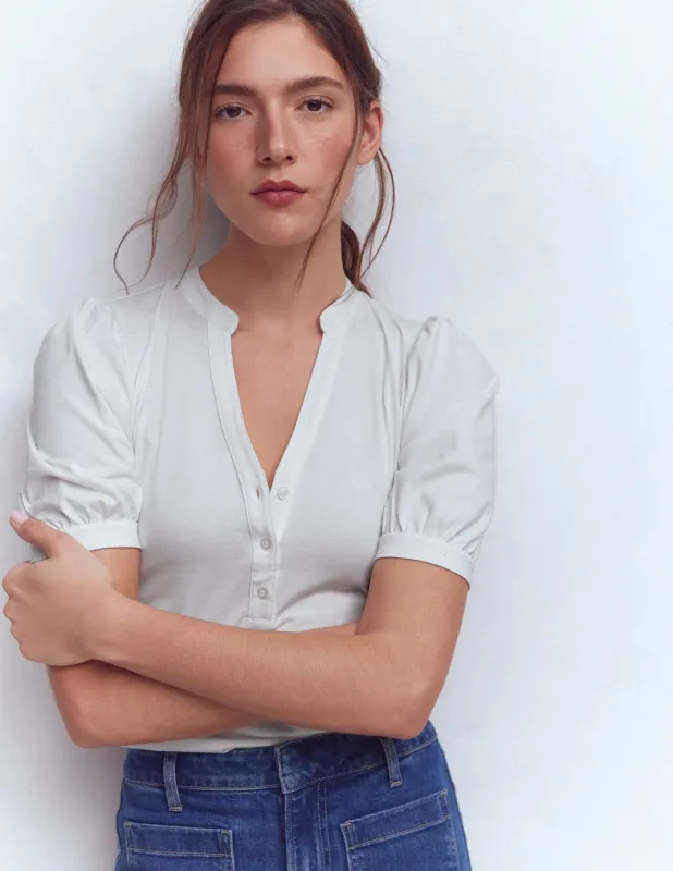 Kurzärmliges Oberteil mit offenem Henley-Ausschnitt-Weiß made by Boden