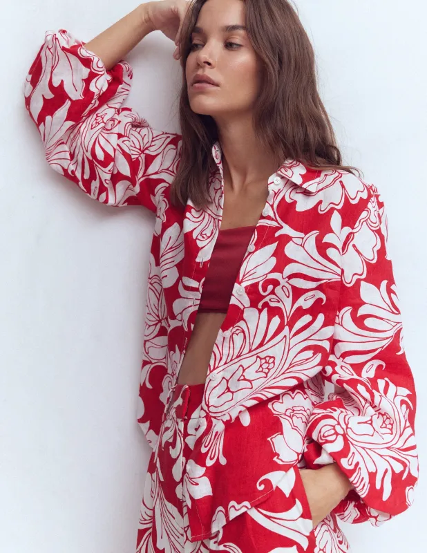 Leinenhemd mit Puffärmeln-Salsa-Rot Botanisches Muster Monochrom sold by Boden