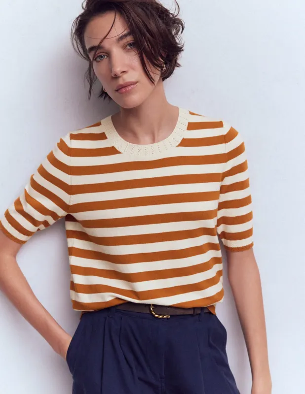 Emilia Baumwoll-T-Shirt mit Rundhalsausschnitt-Cognac/Warmes Naturweiß sold by Boden