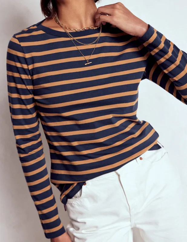 Olivia Langärmliges Bretonshirt-Marineblau, Camel Gestreift made by Boden